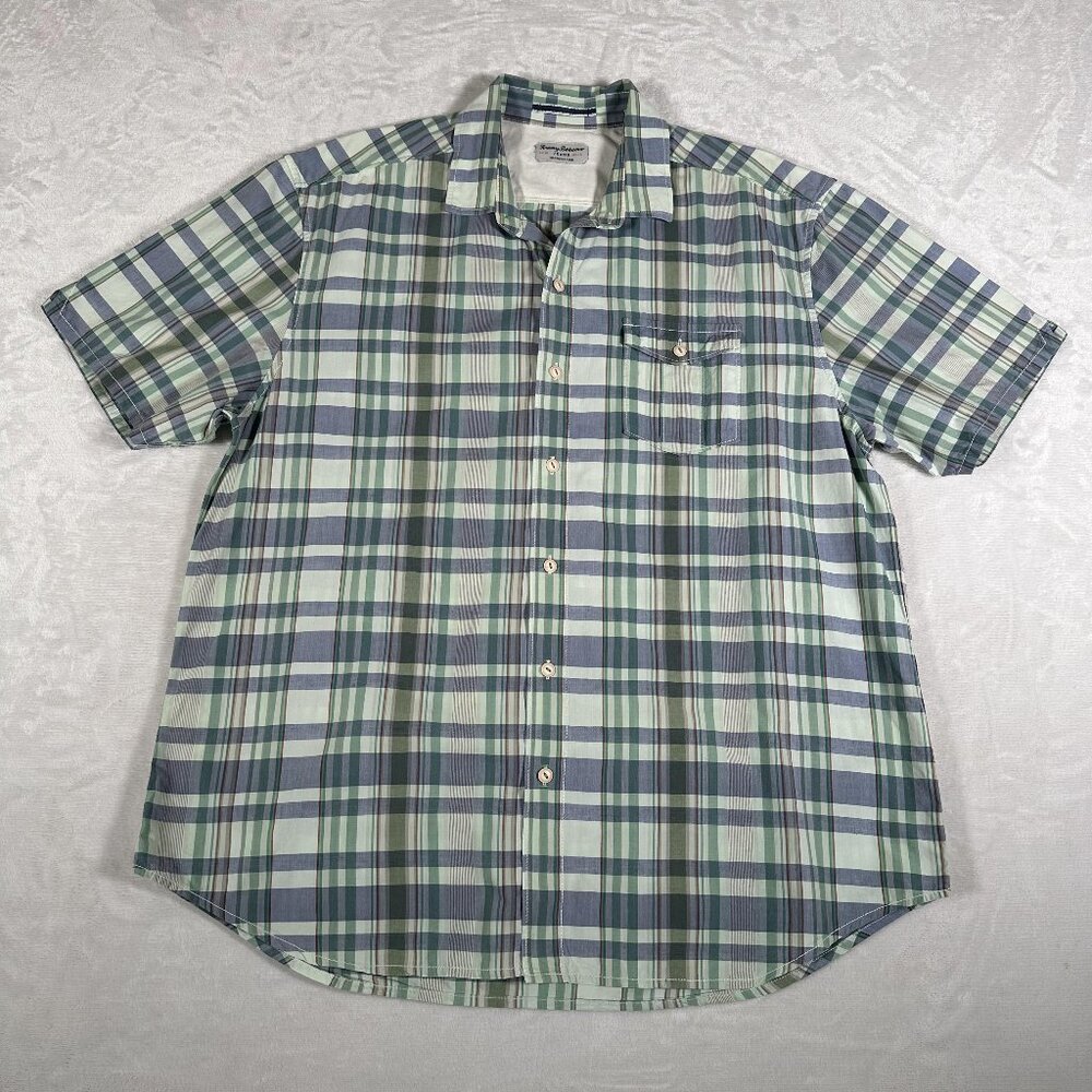 Tommy Bahama Shirt Men Size L Short Sleeve Cotton Blend Jeans Island Crafted EUC